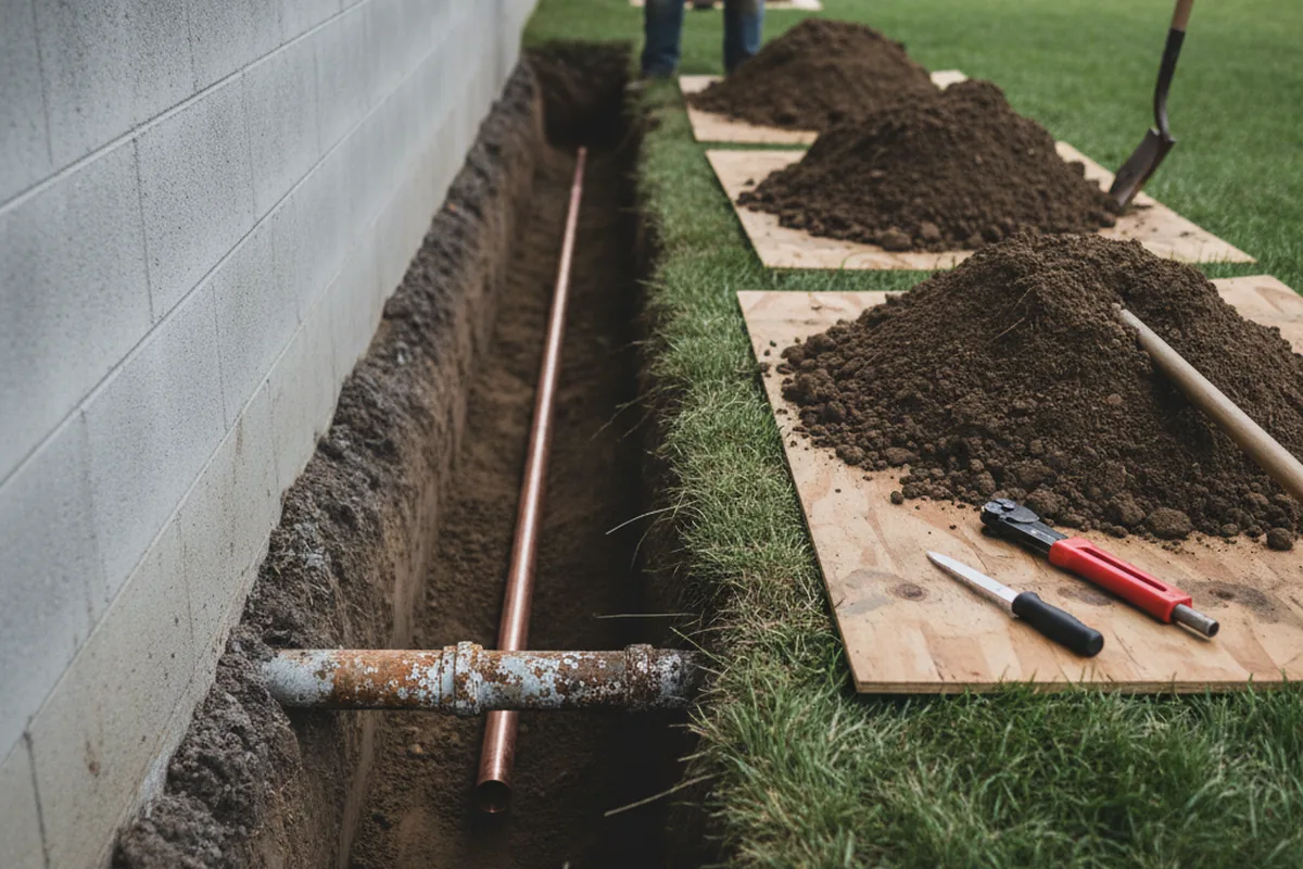Excavated water line trench during Water Softener Installation in Sunny Side